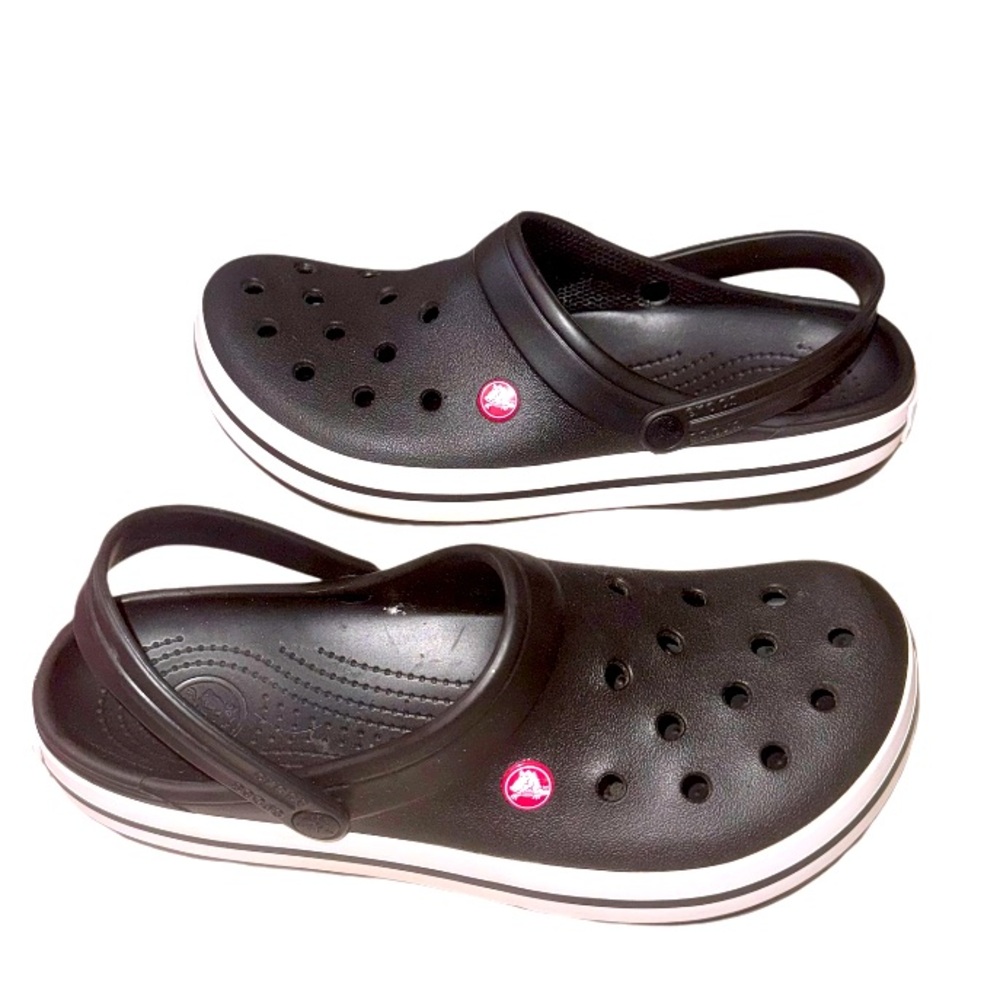 CROCS Black Slip-On Clog with White Stripe and Pink Logo